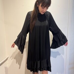 Elegant Black Ruffle Sleeve Saten Dress